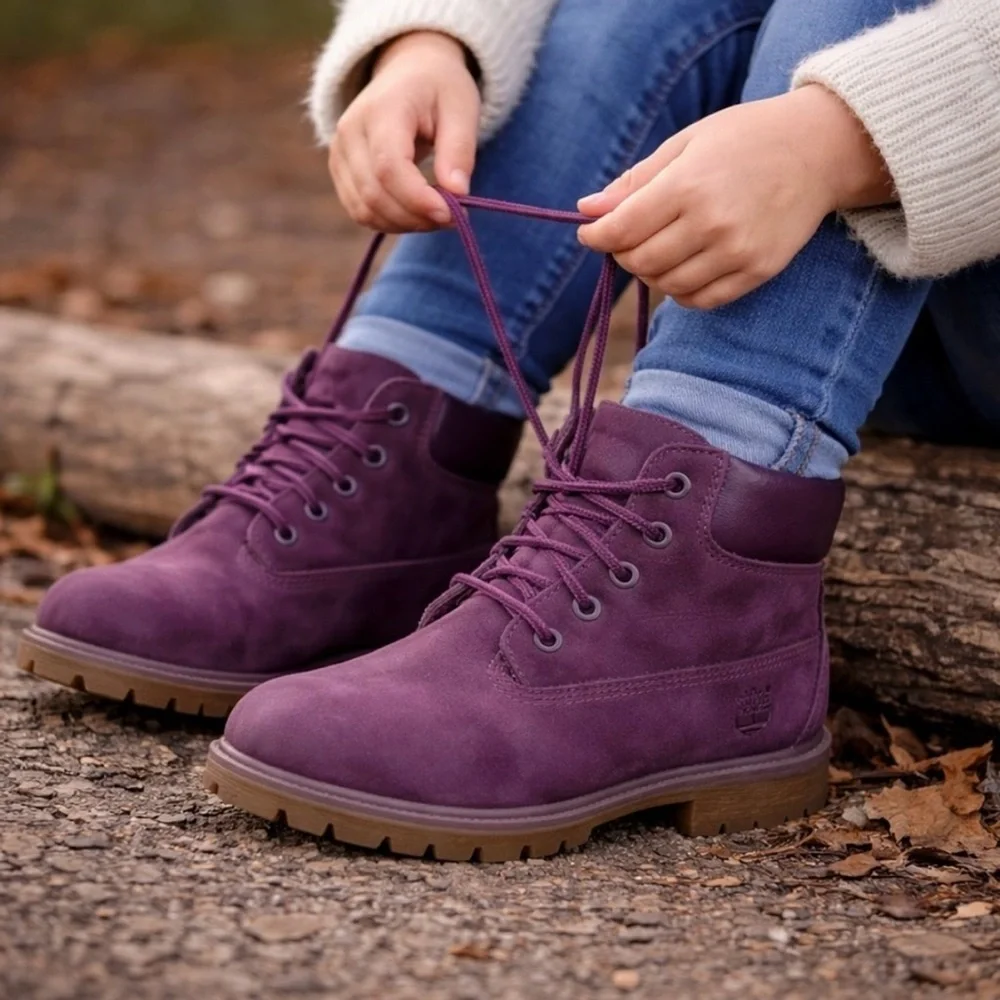 Timberland Kids Plum Nubuck Leather Lace-Up Waterproof Boots 6 Suede Hiking